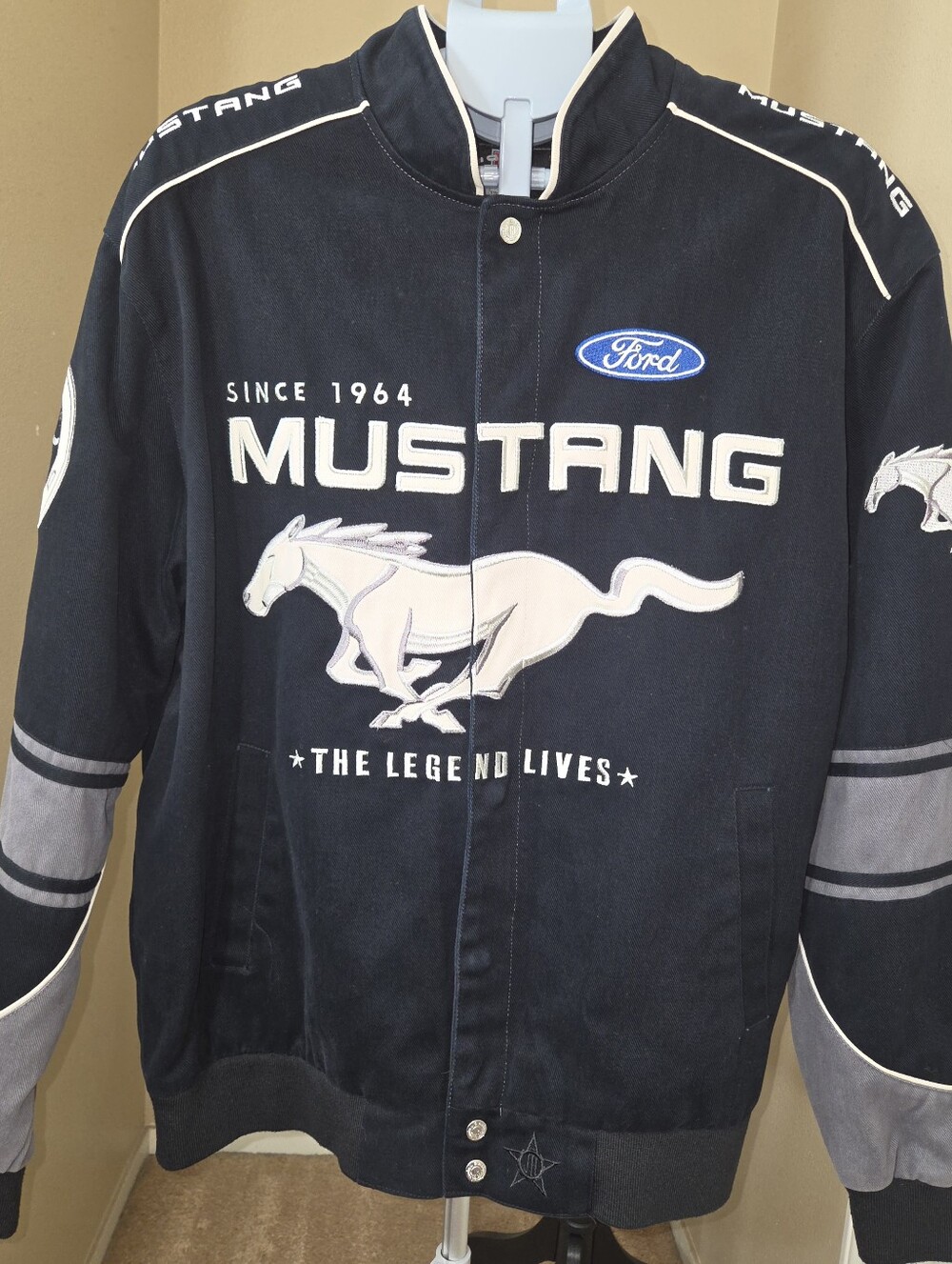 Ford Black Mustang Racing-Inspired Bomber Jacket with White Accents